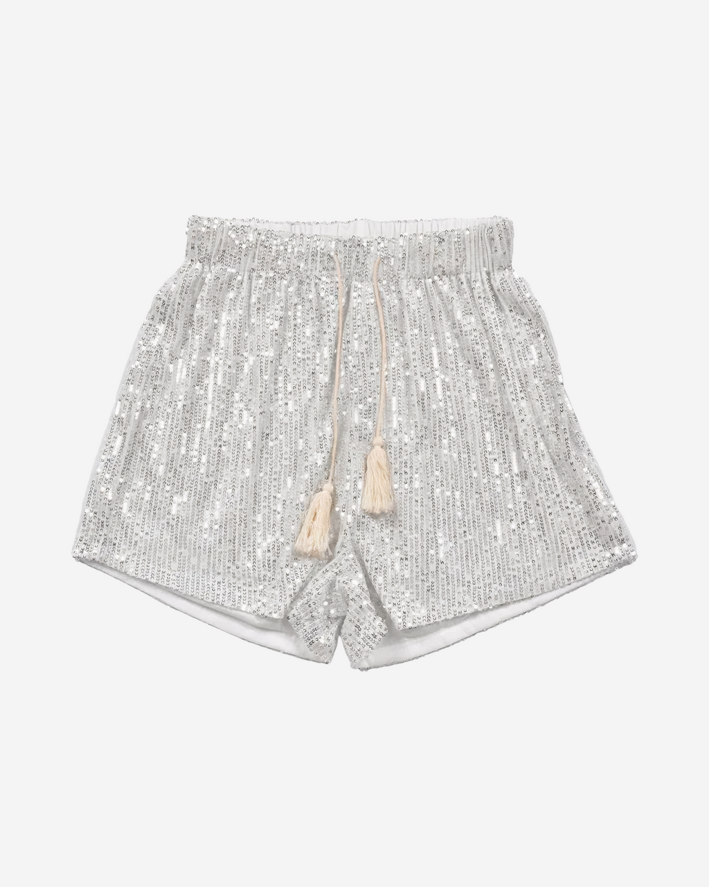 Silver Sequin Mini Shorts with Lace-Up Detail-Shorts-Ekoa Ltd