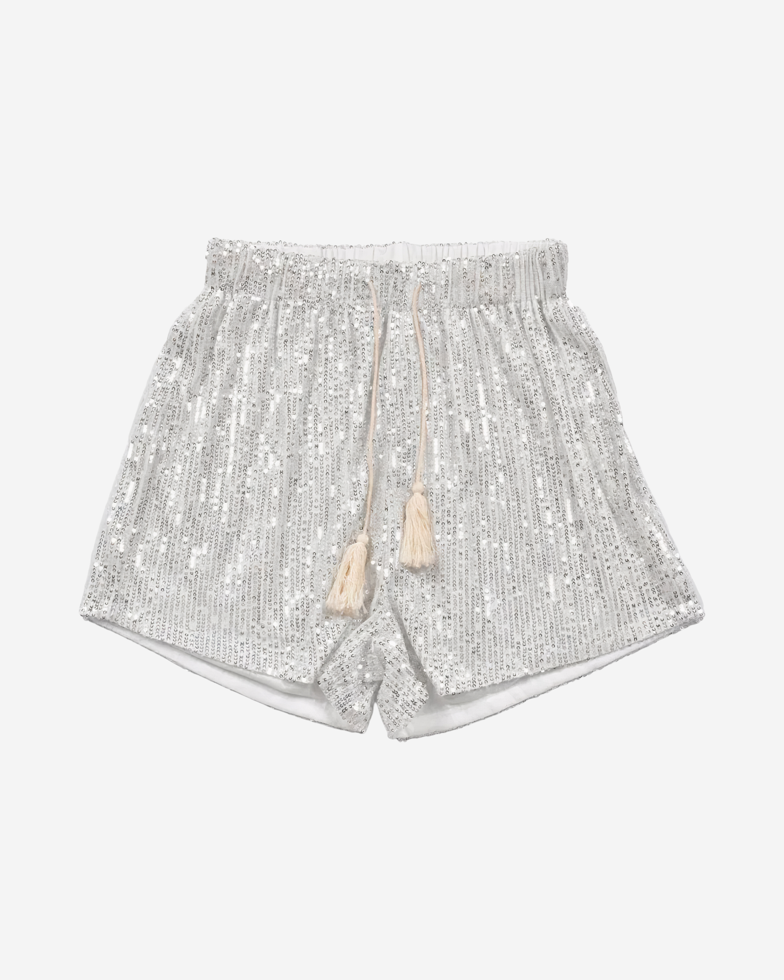 Silver Sequin Mini Shorts with Lace-Up Detail-Shorts-Ekoa Ltd