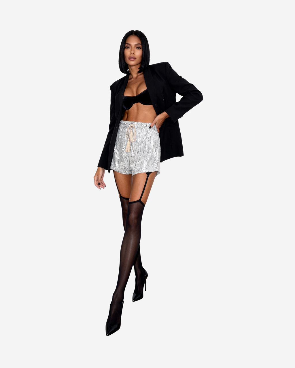 Silver Sequin Mini Shorts with Lace-Up Detail-Shorts-Ekoa Ltd