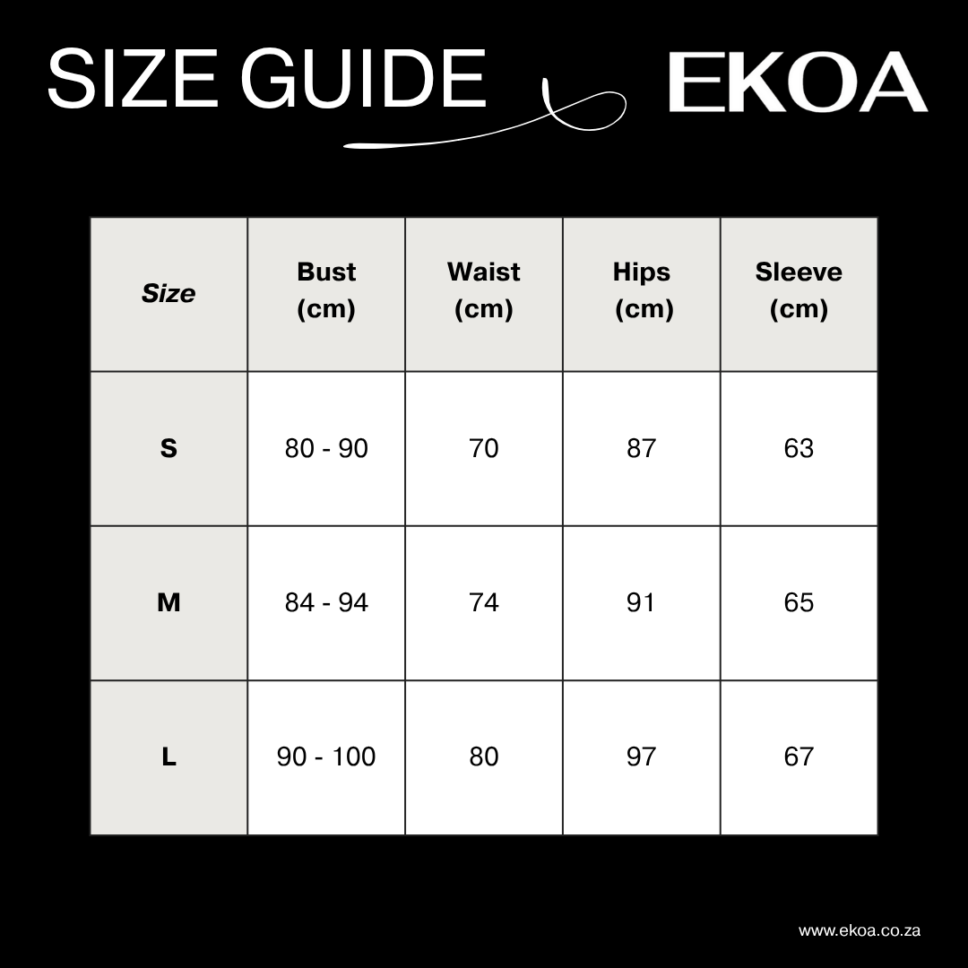 Size guide for EKOA clothing with measurements in centimeters.
