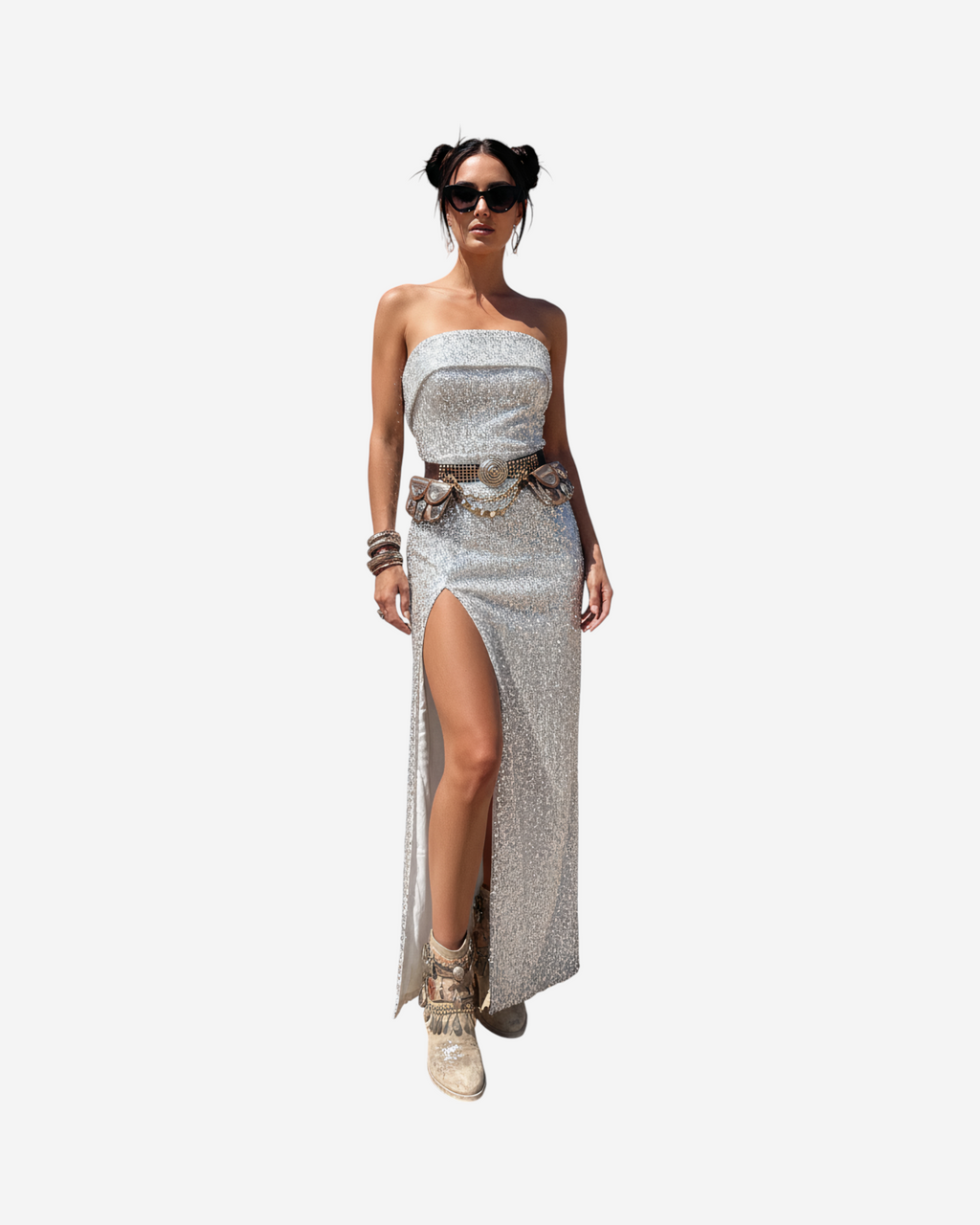 Strapless Sequin Maxi Dress with Front Slit