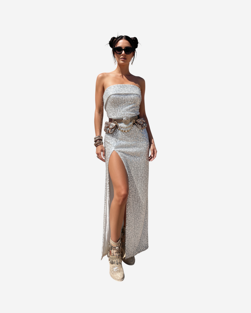 Strapless Sequin Maxi Dress with Front Slit