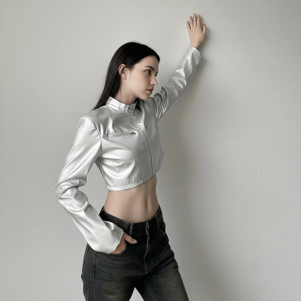 Metallic Silver Cropped Moto Jacket with Stand Collar & Zipper Detail