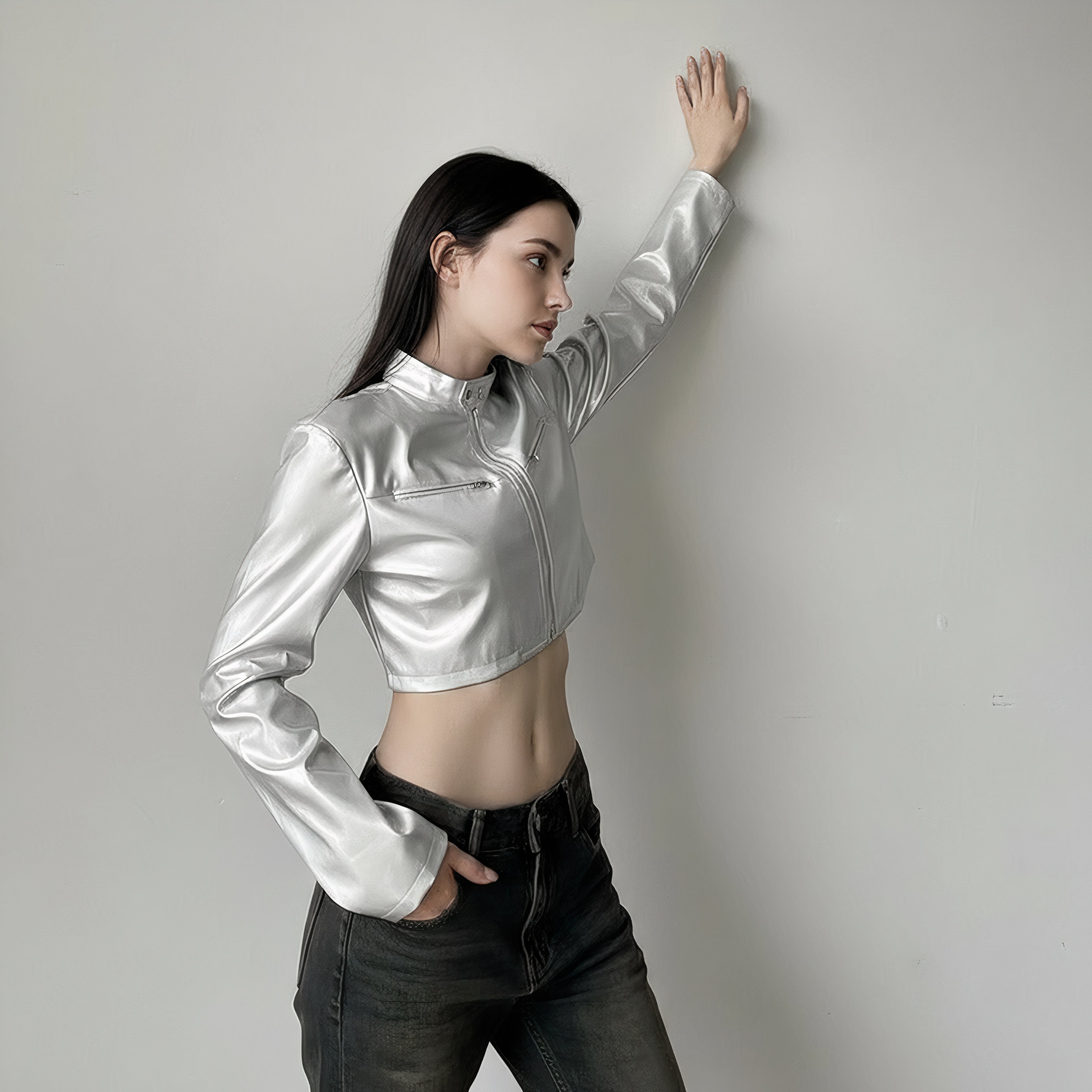 Metallic Silver Cropped Moto Jacket with Stand Collar & Zipper Detail