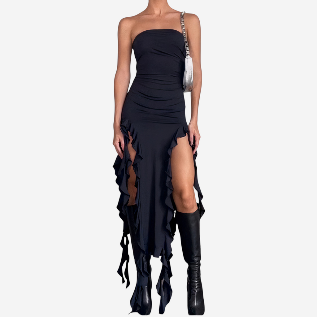 Black Strapless Irregular Hem Midi Dress