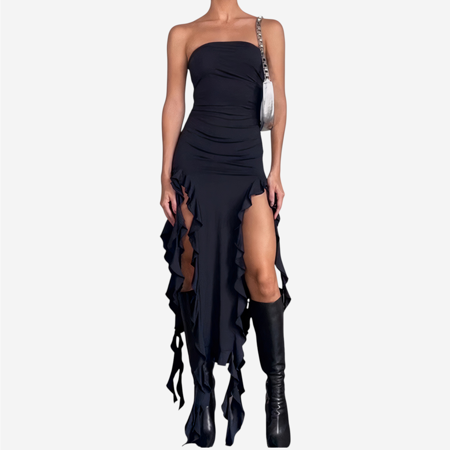 Black Strapless Irregular Hem Midi Dress