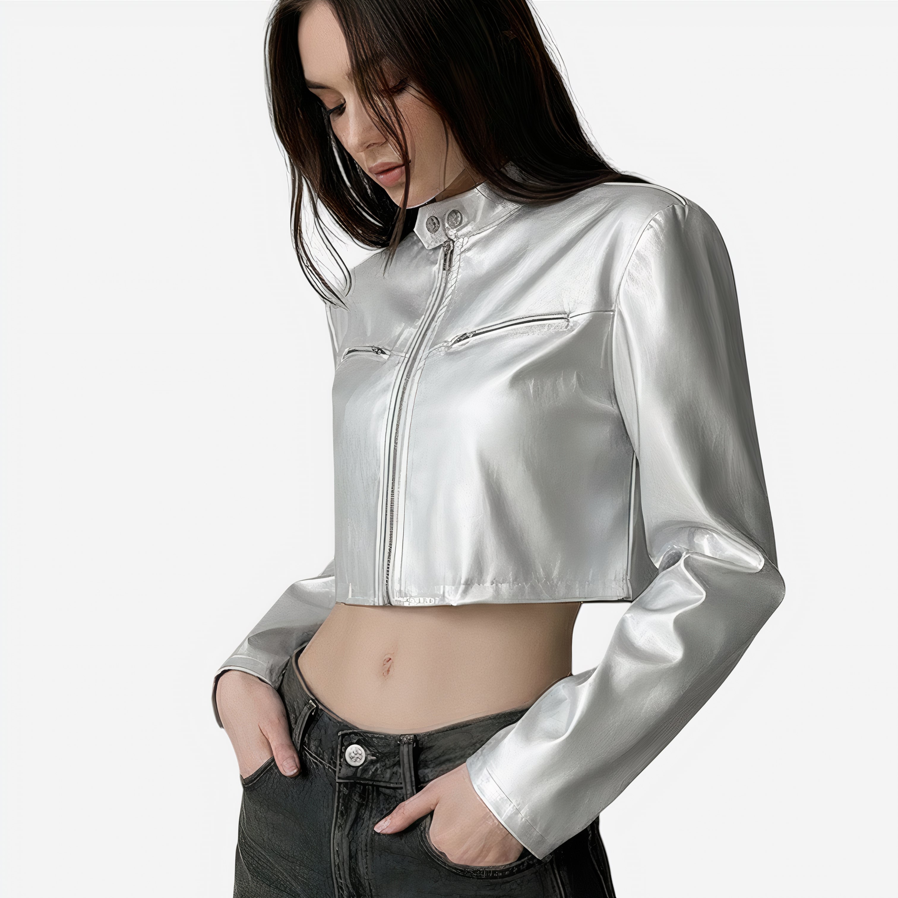 Metallic Silver Cropped Moto Jacket with Stand Collar & Zipper Detail